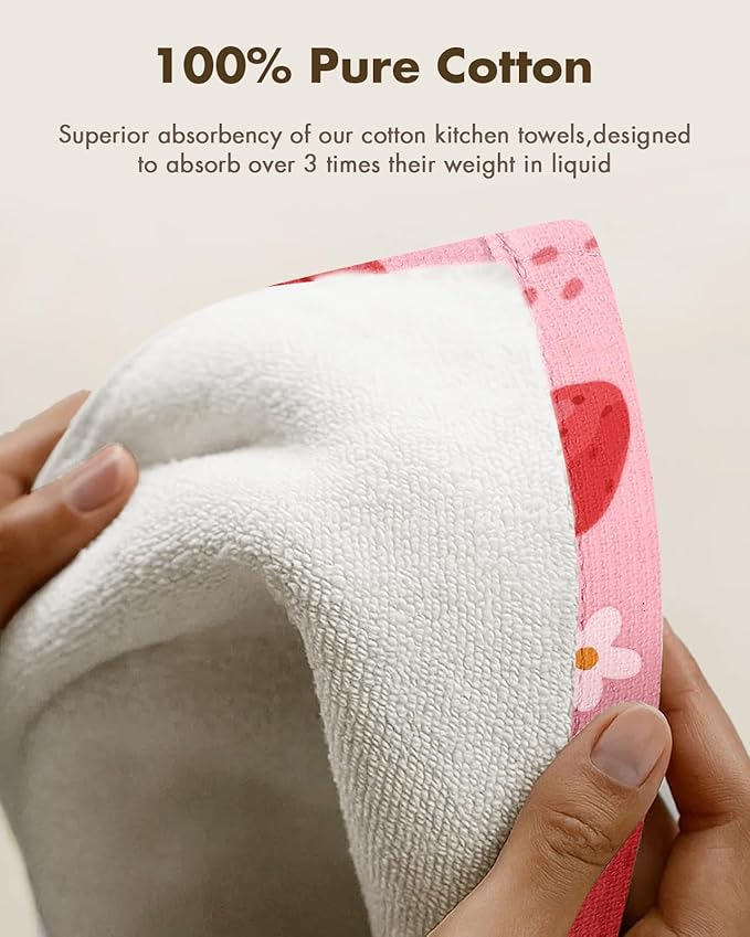 Miss Adola 2pcs Waffle Kitchen Towels - 16x26 Inch Cotton Waffle Weave Dish Cloths Set of 2 with Hanging Loop Absorbent Hand Tea Towels Cute Design for Housewarming Gift, Strawberry