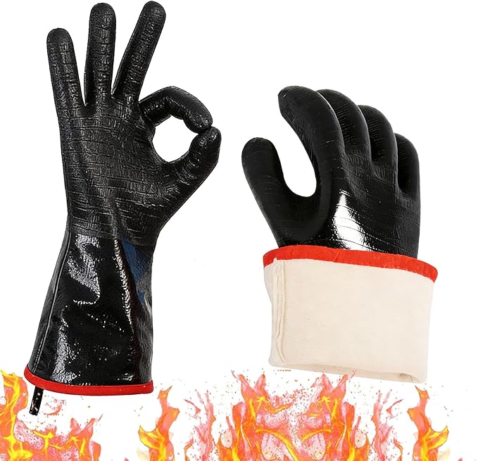 14 Inch BBQ Grill Flame Retardant Heat Insulation Gloves, Neoprene & Cotton Lining, 932°F Heat Resistant Oven Mitts, Non-Burning Anti-Slip Grilling Gloves for Kitchen/BBQ/Camping/High-Temp Work