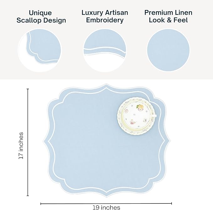 Cotton Linen Placemats Set of 4 - Double Layered, Machine Washable, Scalloped & Embroidered Cloth Table Mats - Wedding, Spring, Summer Mat, 19 x 17 inch, Light Blue