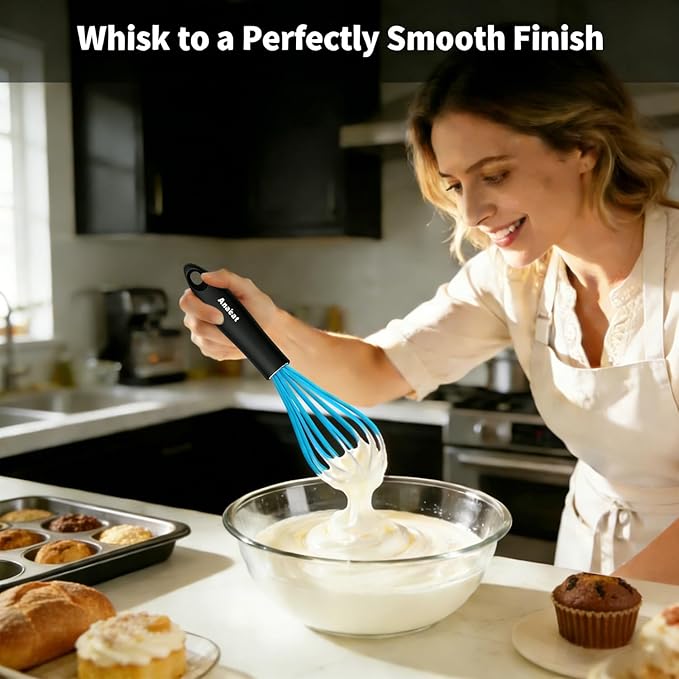 Anaeat Silicone Balloon Whisk, Perfect for Non-Stick Cookware, Milk and Egg Beater Blender, Heat Resistant Kitchen Whisks for Whisking, Cooking, Baking, Beating, Frothing & Stirring (Blue)