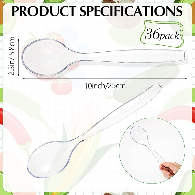 LemonRoad 10 in Plastic Serving Spoons for Buffet Clear Plastic Utensils for Hot and Cold Food Extra Large Heavy Duty Disposable Serving Spoon Utensils for Parties, Holidays and Gatherings(36 Pack)