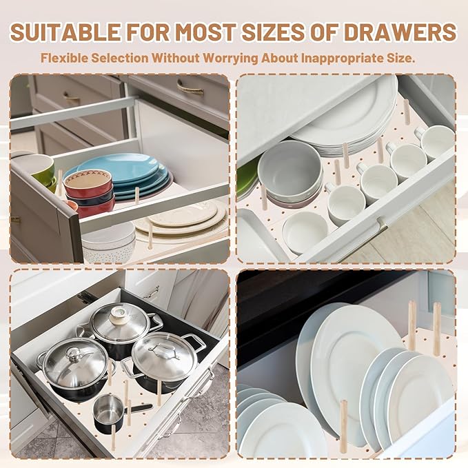 3 Pcs Wood Pegboard Drawer Organizer with 24 Pegs Wooden Peg Board Drawer Shelf Organizer Adjustable Peg System for Dishes Plate Pot Container Cookware Utensil Kitchen(17.72 x 5.91 in)