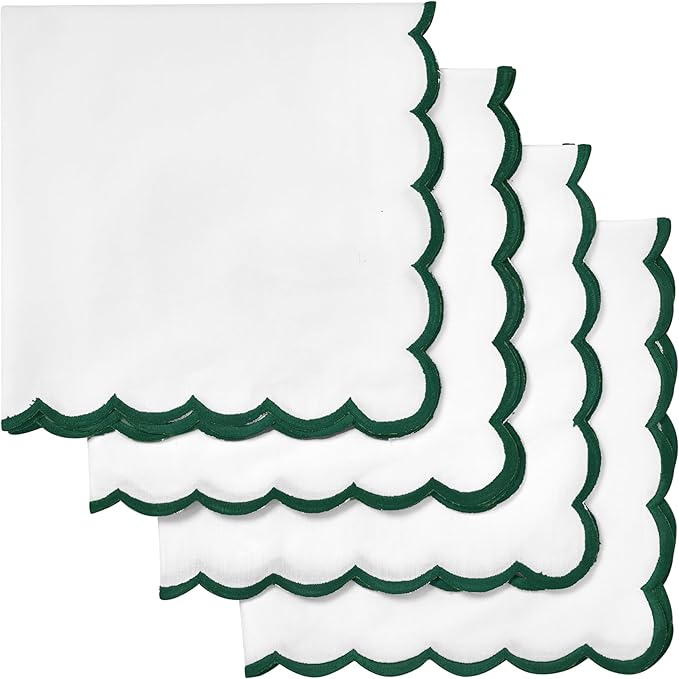 Ridhi Cloth Napkins 100% Pure Cotton Farmhouse Wedding Dinner Napkins Gift for Spring, Easter, Valentine, Holiday, Everyday Napkin (4-18" x 18" White with Emerald Green Edge)