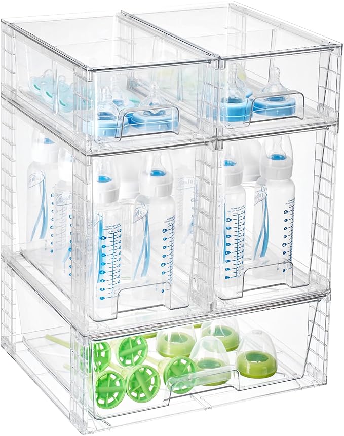 Vtopmart 6 Pack Clear Stackable Storage Drawers,Easy to Assemble Baby Bottle with handles,Plastic Drawers for Kitchen Pantry,Cabinet,Under Sink Organization