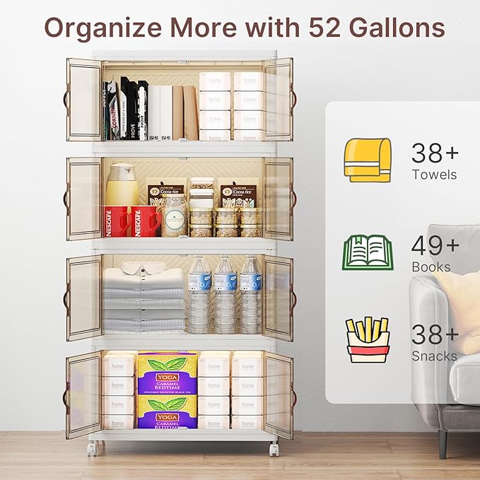 UAMFURI Stackable Storage Bins with Lids, 384QT Closet Organizers, Lockable Storage Cabinet，Foldable Storage Box with Doors and Wheels, Plastic Drawers for Home, Garage, Office (8, White, Medium)
