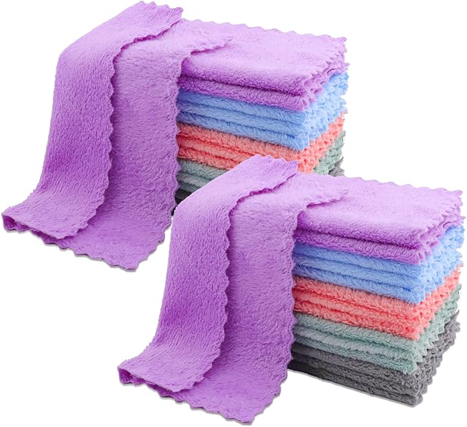 30 Pack Kitchen Dishcloths, Super Absorbent Coral Fleece Cleaning Cloths, Dish Cloths, Multipurpose Reusable Washcloths, Fast Drying Dish Rags for Clean Table, Glass 7 x 9 Inch (Multicolor)