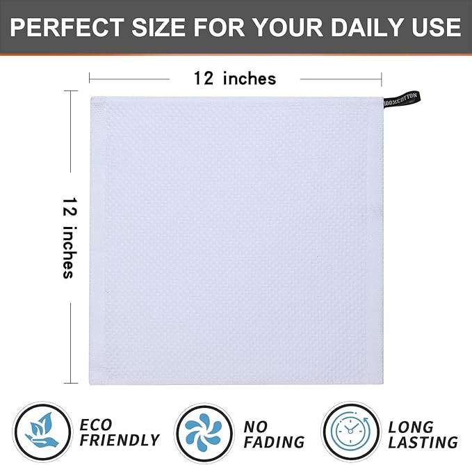 Kitinjoy 100% Cotton Kitchen Dish Cloths (12 X 12 Inches, White), 6 Pack Waffle Weave Ultra Soft Absorbent Dish Towels for Drying Dishes Quick Drying Kitchen Towels Dish Rags