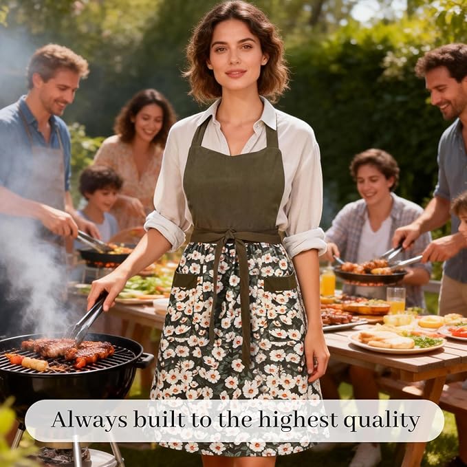 Cute Floral Aprons for Women with Pockets,Cotton Adjustable Neck Strap Apron for Kitchen Cooking Baking Gardening