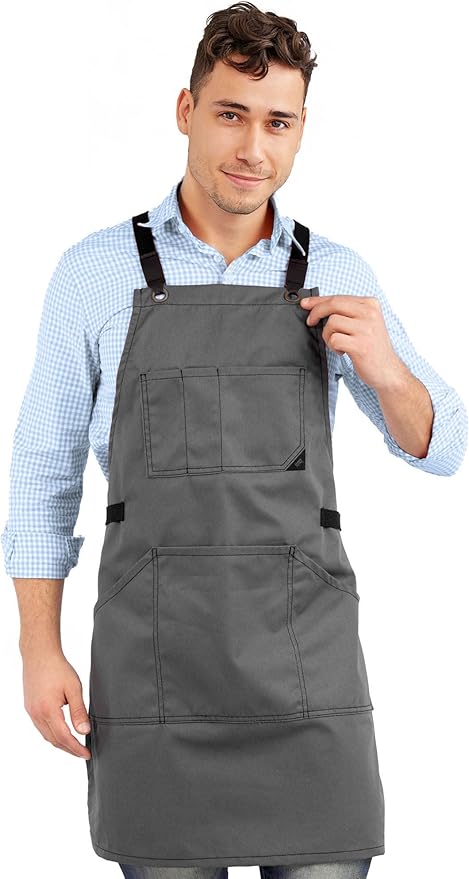 Under NY Sky Essential Armor Gray Apron – Cross-Back with Durable Twill and Leather Reinforcement – Adjustable for Men and Women – Pro Chef, Tattoo Artist, Baker, Barista, Bartender, Server Aprons