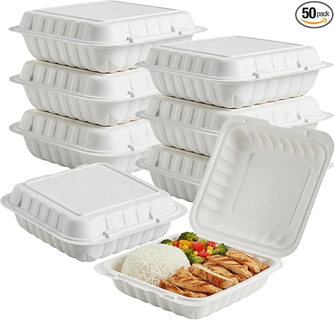 Hinged Take-Out Containers 8″ x 8″ BPA Free, Clamshell To Go Boxes Recyclable, Microwave & Freezer Safe Food Storage Boxes for Restaurants, Catering - Cake Slice Container - White