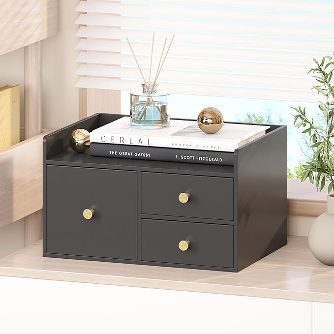 Bamboo Desk Organizer with Drawers Wooden Desktop Storage Drawers for Bills Office Supplies Kitchen Utensils Organizing Tool for Home Classroom Organization No Assembly (Black, 3 Drawer)