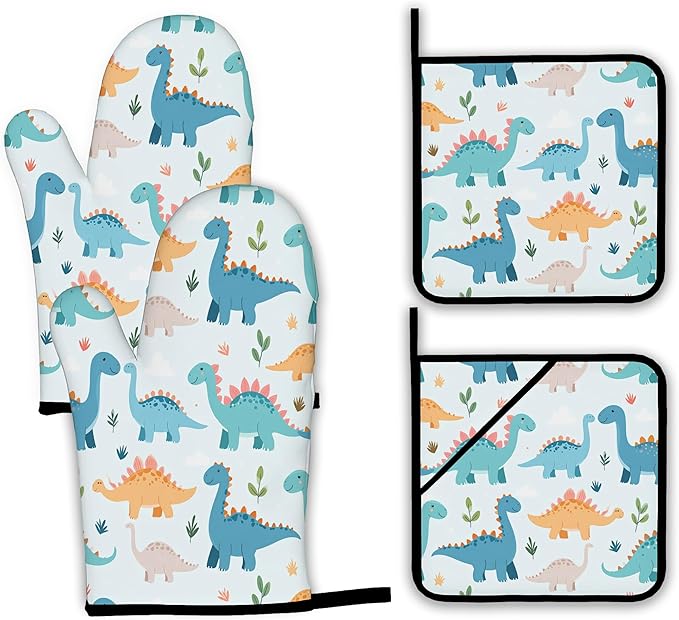 Cute Dinosaur Oven Mitts and Pot Holders,Heat Resistant Oven Mitts Gloves and Pot Holder for Home Kitchen Decorations Cooking Baking BBQ Gifts,Set of 4