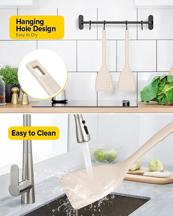 Pack of 2 Silicone Spatula Turner, Non Stick Kitchen Spatulas Set with Back Hooks, Heat Resistant BPA Free Kitchen Utensils, Suitable for Flipping Fish, Eggs, Steak, Pancakes(KHAKI)