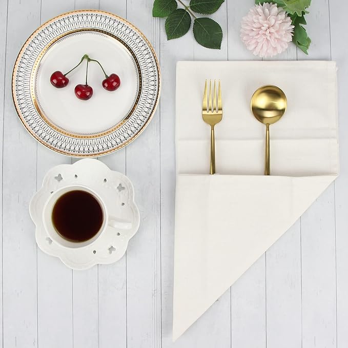 Solid Color Cotton Blended Dinner Cloth Napkins - Set of 12 (17 x 17 inches) - for Events & Home Use (Cream White)