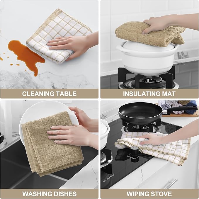 Homaxy Premium Cotton Kitchen Towels 16"x 28", Large Natural Ring Spun 390 GSM Dish Towels, Super Absorbent Terry Kitchen Hand Towels, Soft Tea Towels with Hanging Loop, Tan Check Design, 12 Pack
