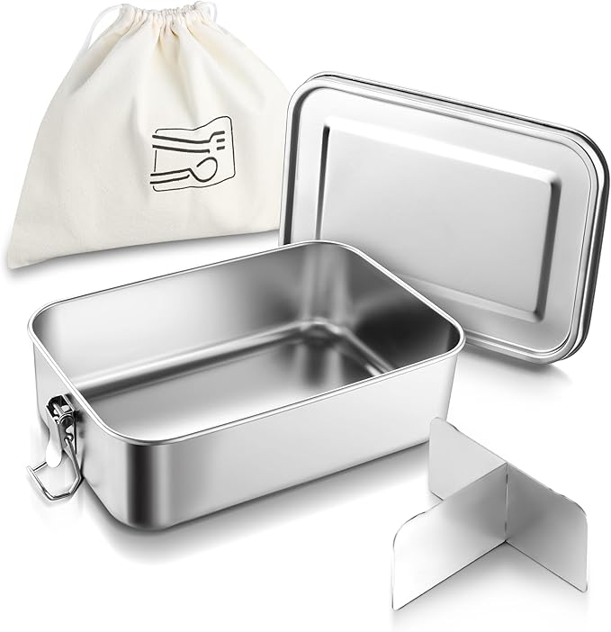 HaWare Stainless Steel Bento Box, 47oz (1400ml) Leak-Proof Lunch Box for Kids Adults, 3 Compartments Food Containers with Removable Dividers and Bag, Metal Lunch Containers for Snack Meal Sandwich
