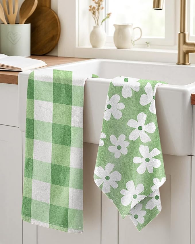 Miss Adola 2pcs Flour Sack Kitchen Towels - 18"x 26" Cotton Kitchen Hand Towels with Hanging Loop Reusable Geometric Green Farmhouse Plaid Floral Tea Towel Absorbent Dishcloths Home Decor, Sage Green