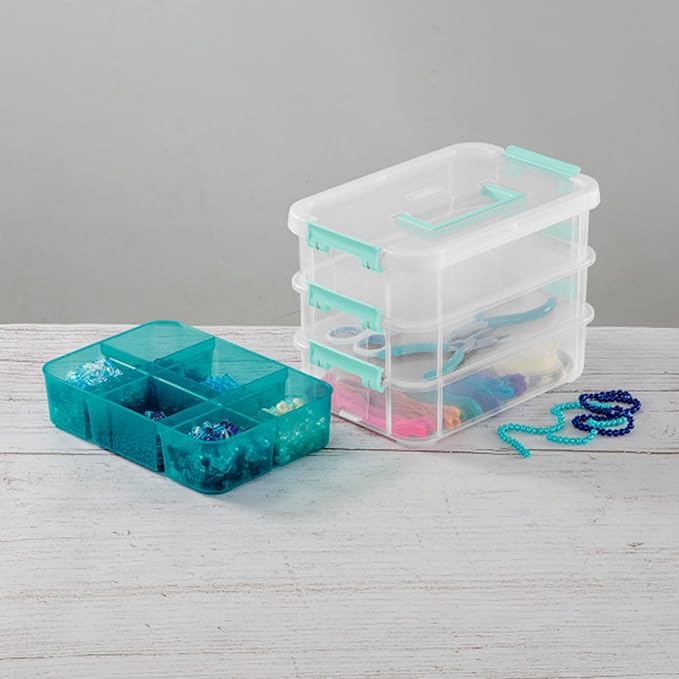 Sterilite 18 Pack Plastic Storage Box Container, 3 Layer, Stack and Carry, Clear/Blue