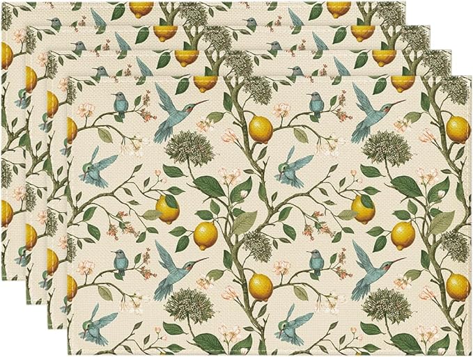 Artoid Mode Brown Lemon Tree Bird Flower Summer Placemats Set of 4,12x18 Inch Seasonal Spring Table Mats for Party Kitchen Dining Decoration