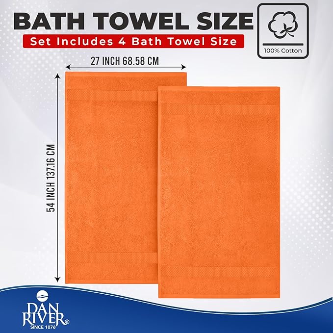 DAN RIVER Bath Towels Set of 4, 27 x 54 Inches, 100% Cotton, Larger & Lighter Weight, Quicker to Dry, Super Soft and Absorbent, Ideal Bathroom Towels Set for Daily Use, Orange
