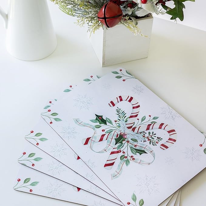 Benson Mills Cork Placemats Set of 4, Thick Cork Place Mats for Kitchen and Dining Tables, Easy Clean Table Mats for Christmas, Winter and Holidays (12" x 16" Rectangular Set of 4, Festive Candy Cane)