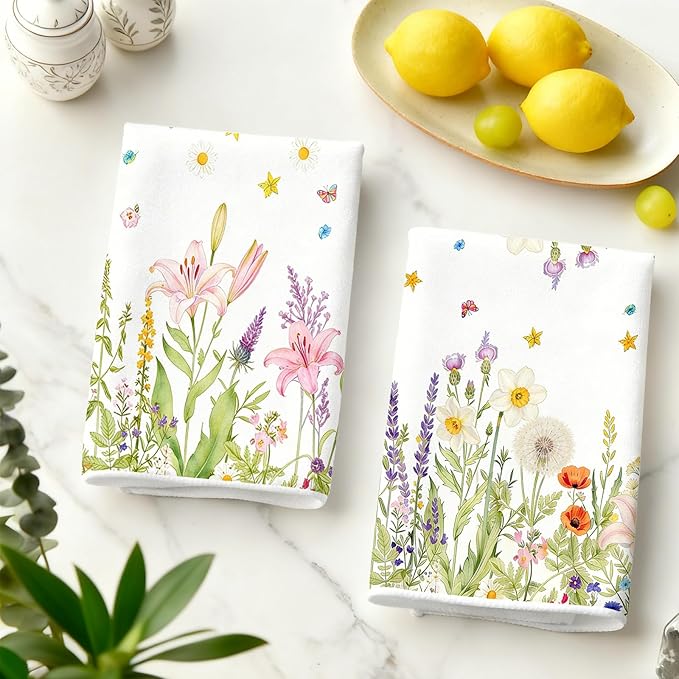2Pcs Wild Flower Kitchen Towels-16×24in Spring Floral Kitchen Dish Towels, Absorbent & Quick Dry Hand Tea Towels for Holiday Home Decor Easter Mother‘s Day Gifts