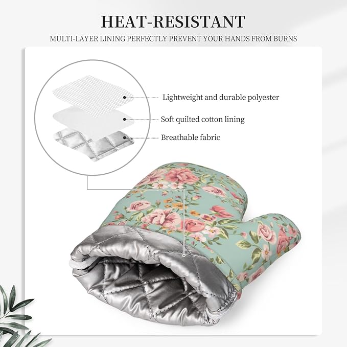 Pink Flower Oven Mitts Pot Holders Set Silicone Vintage Spring Romantic Bloom Floral and Leaf Green Kitchen Oven Mitts Heat Resistant Potholders Non-Slip 4pcs Hot Pads and Oven Gloves Sets