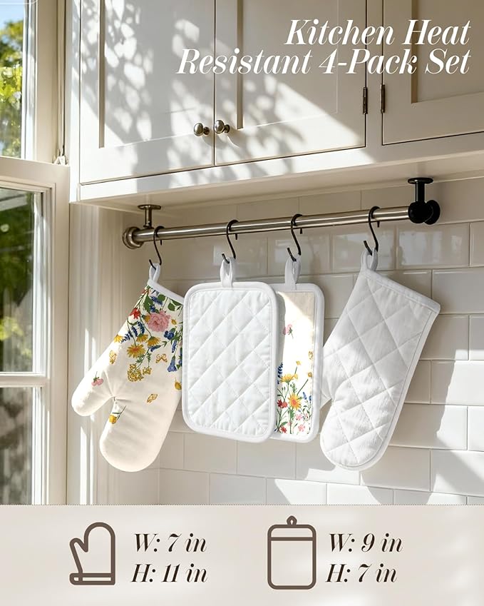 Miss Adola Cotton Oven Mitts and Pot Holders Sets - Quilted Lining Heat Resistant 4 Pieces Set with Hanging Loop Cute Farmhouse Boho Spring Kitchen Decor and Accessories, Retro Flower
