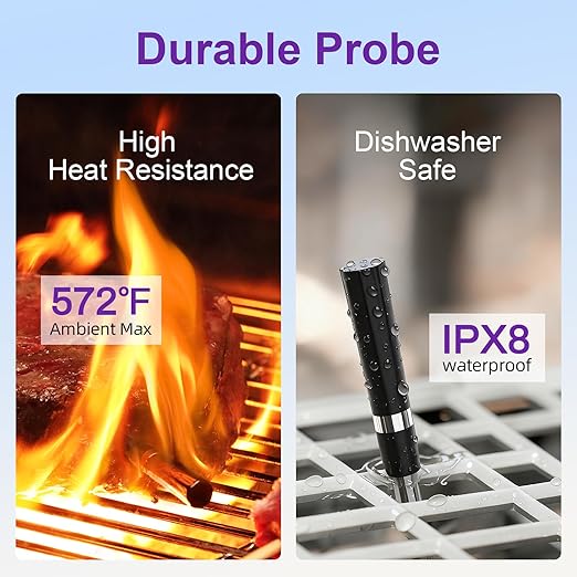 Meat Thermometer with 2 Probes, RGB Cooking Progress Light, LCD Base, Smart APP Control, IPX8 Waterproof, Digital Food Thermometer Wireless for Grill, Smoker, Oven, Sous-Vide & Rotisserie