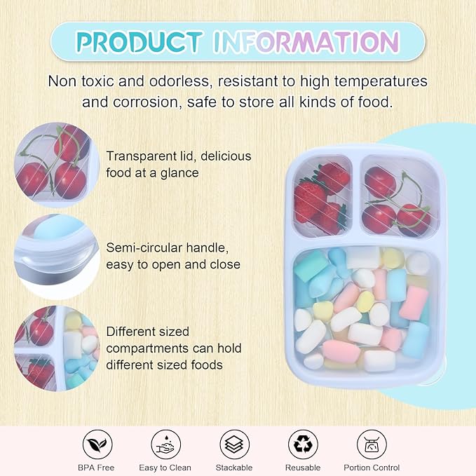 Honeydak 5 Pack Snack Containers 3 Compartment Bento Snack Boxes Divided Meal Prep Containers with Lids Reusable Adults Lunch Food Storage Box for School Work Travel(Youthful Color)