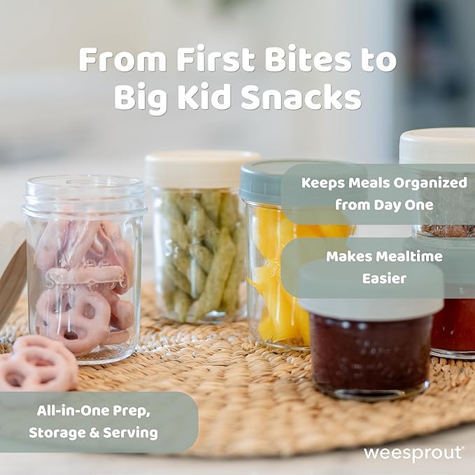 WeeSprout Glass Baby Food Storage Jars - 12 Set, 4 oz/8 oz Baby Food Jars, Plastic Lids, Freezer Storage, Reusable Small Glass Baby Food Containers, Microwave & Dishwasher Safe, for Infant & Baby Food