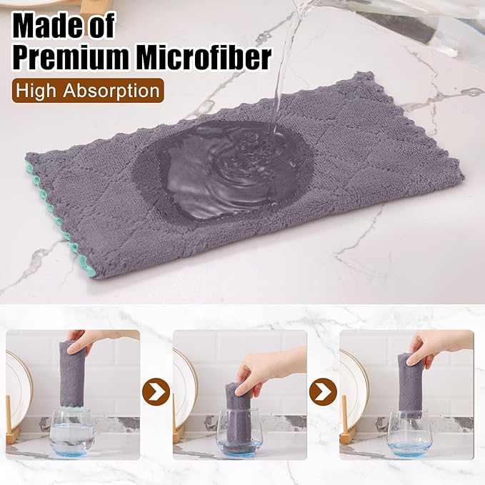 Mordimy 24 Pack Kitchen Cloths Dish Towels (10" x 10", Grey & Green), Super Soft and Absorbent Dish Cloths, Coral Velvet Microfiber Cleaning Cloth, Nonstick Oil Fast Dry Dishcloths
