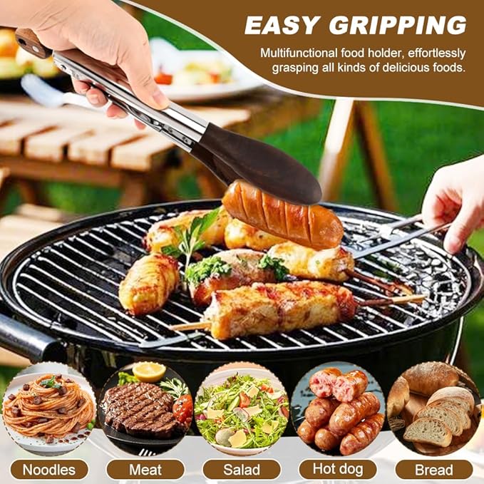 2 Pcs Wooden Tongs for Cooking & Serving Food, 12 & 15 Inch Stainless Steel Kitchen Salad Tongs with Walnut Wood Tip, Cooking Utensils Set for Salad BBQ and Serving Food