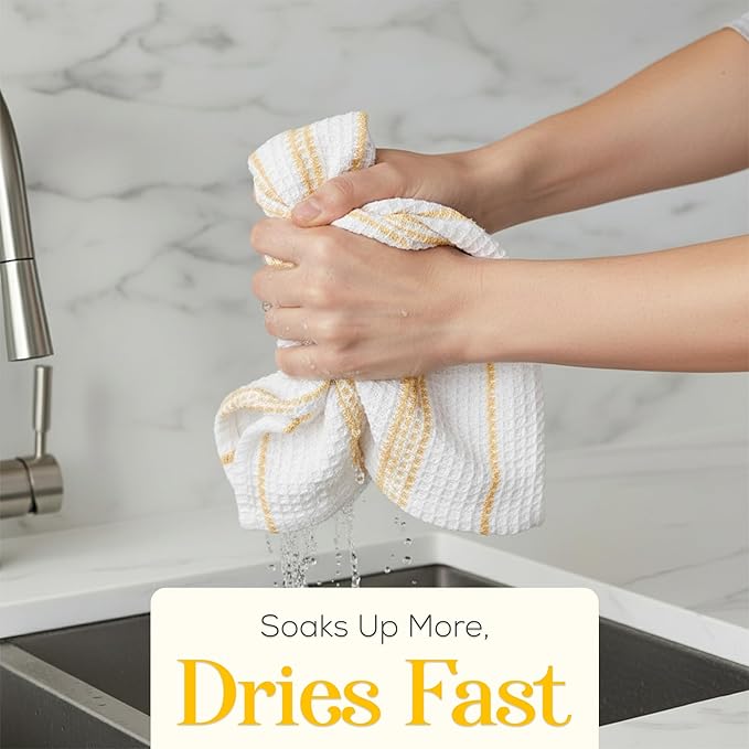 MosJos Kitchen Towels Set of 4 Dish Towels Yellow n White Waffle Weave Cotton Hand Towels, 18 x 28 Absorbent Kitchen Linens