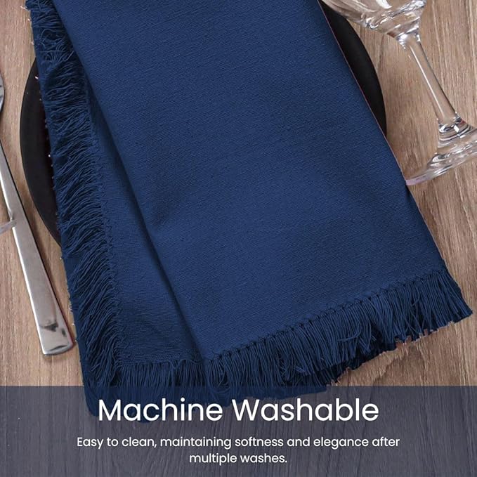 Cloth Dinner Napkins Fringes 100% Cotton Set of 6 - Perfect for Dining Special Occasions Wedding Holidays Christmas - Soft Durable Washable - Elegant 20x20 Inch Cloth Napkins Navy Blue