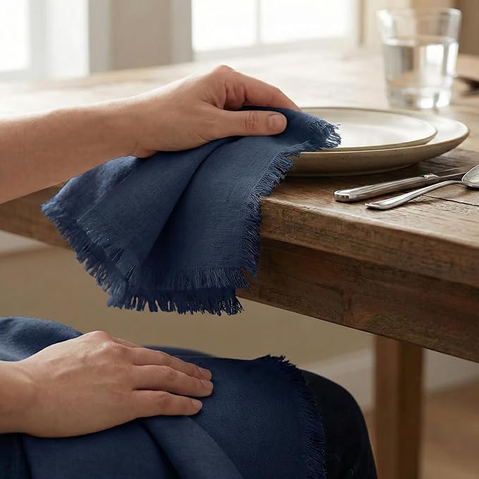 ACCENTHOME Navy Cotton Linen Napkin Set of 6 18x18 inch Dinner Napkins - Washable Soft Premium Hotel Quality Reusable Napkins Perfect Table Napkins for Family Dinners, Weddings & Everyday Use