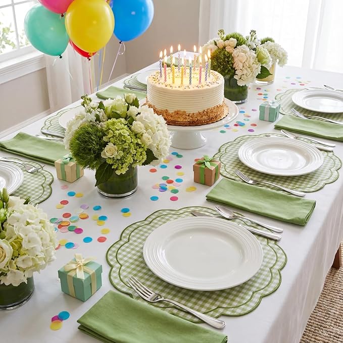 Breling Set of 6 Green Gingham Placemats Scalloped Embroidered Cotton Linen Placemats 17" x 13" Double Layered Machine Washable Table Place Mat for Wedding Birthday Baby Shower Party Table Decor