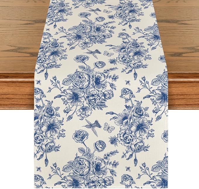 Artoid Mode Spring Navy Blue Floral Chinoiserie Table Runner, Seasonal Summer Kitchen Dining Table Decoration for Home Party Decor 13x72 Inch