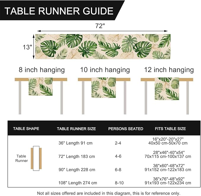 Seliem Summer Palm Leaves Tropical Greenery Table Runner, Monstera Home Kitchen Dining Plant Decor, Spring Seasonal Decorations Indoor Outdoor Hawaii Luau Anniversary Party Supply 13 x 72 Inch