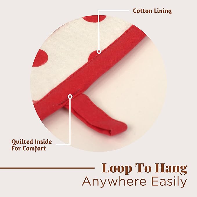 Folkulture Pot Holders for Kitchen | Pack of 2 (8x8) Ribbed Soft Silicone Hot Pads | 100% Cotton Red Cute Oven Pot Holders Set | Heat Resistant, Non Slip | Cooking Gifts, Polka Dot