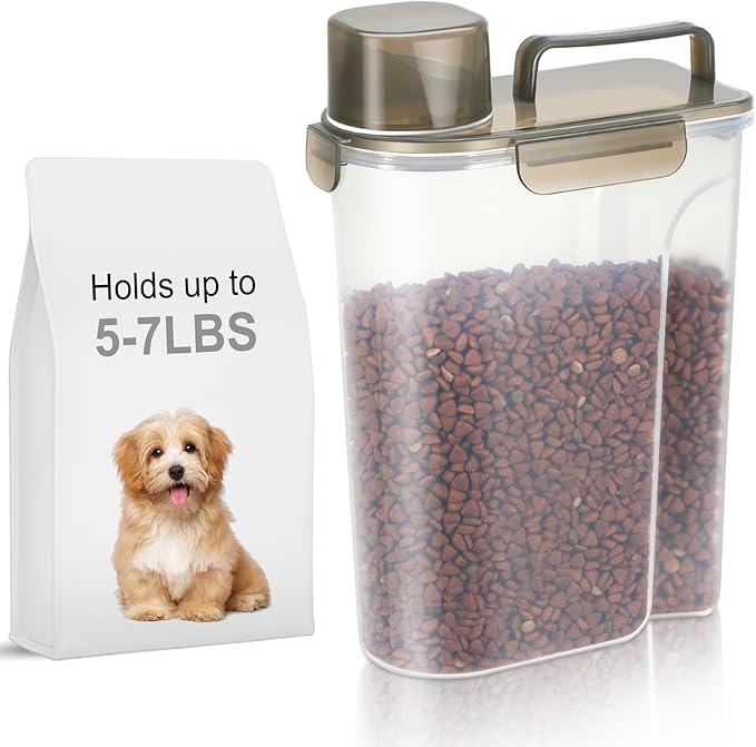 LEAWALK 5-7Lbs Dog Cat Food Storage Container with Upgraded Large Nozzle BPA-free, 4 Snap Seals Plastic Pet Food Storage Containers with Handles (Clear Brown, 5L-1pack)