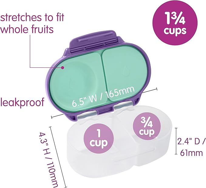 b.box Snack Box - Leakproof Mini Bento Box for Kids & Toddlers, 2 Compartment Snack Containers for Kids, Lunch Containers, Dishwasher Safe, BPA Free, PFAS Free, Ages 4m+, 1 3/4 Cup - Lilac Pop