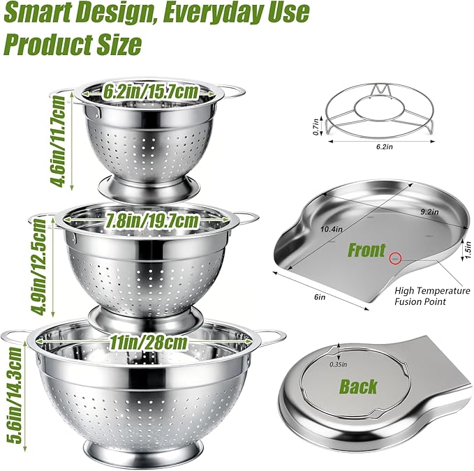 Palksky Stainless Steel Colander Set with Handles & Self-Draining Base, 3 Sizes (7”, 9”, 11”), Heavy Duty Pasta Strainer, Rice & Vegetable Strainer, Countertop Draining System
