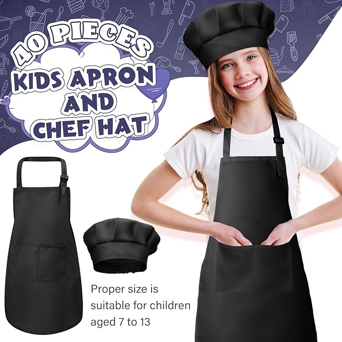 Handepo 40 Pcs Apron Chef Hat Set Aprons Chef 's Bib Apron Hats Bulk for Cooking Painting 7-13 Years
