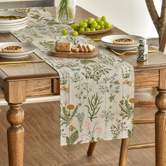 Artoid Mode Wood Wild Flowers Floral Spring Table Runner,Seasonal Summer Kitchen Dining Table Decoration for Home Party Decor 13x72 Inch