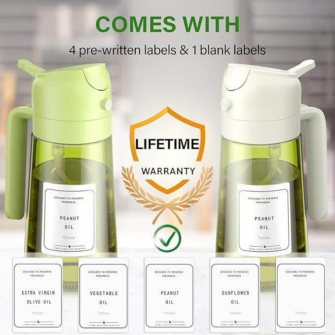 Vakoo 2 in 1 Oil Sprayer and Oil Dispenser for Kitchen - 16oz/470ml Light-Blocking Dark Glass Olive Oil Spray Bottle for Cooking, Air Fryer, Salad & BBQ (Green and White)