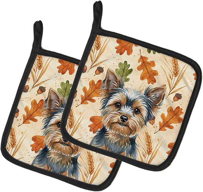 Caroline's Treasures Blue and Tan Yorkshire Terrier Heirloom Fall Pair of Pot Holders Pair 7.5x7.5 Quilted Insulated Hot Pads Decorative Kitchen Gift Made in USA