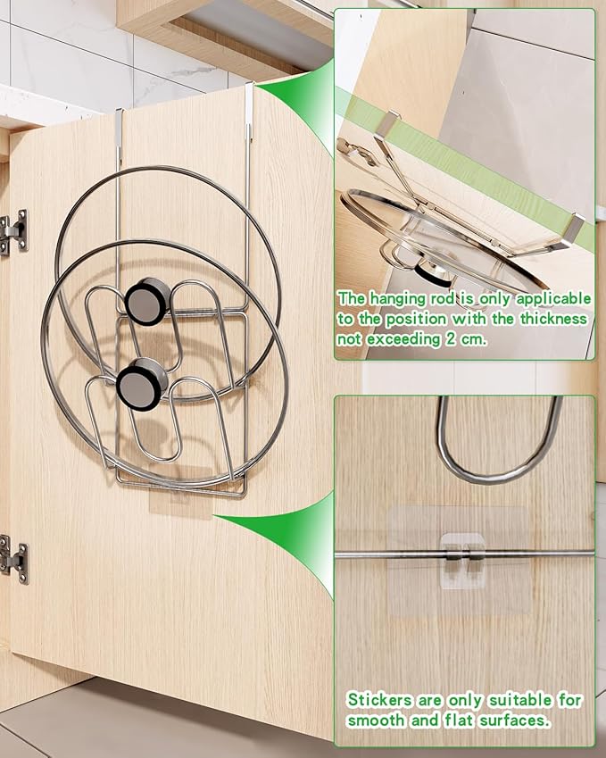 Over Cabinet Door Pot Lid Organizer, 2-Tier Stainless Steel Pan Cover Rack, Kitchen Storage Holder