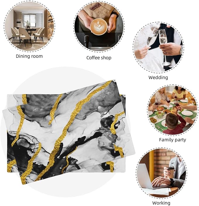 Black White and Gold Marble Linen Placemats Set of 4, Modern Luxury Washable Non-Slip Heat-Resistant Durable Kitchen Table Mats for Dining Table, Luxury Home Kitchen Decor Essential, Black Grey Gold