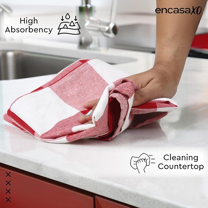 Encasa XO Cotton Kitchen Towel Set | Hand and Tea Cloth for Cleaning & Quick Drying, X-Large 28"x18" (Pack of 4) Highly Absorbent - Buffalo Red Checks